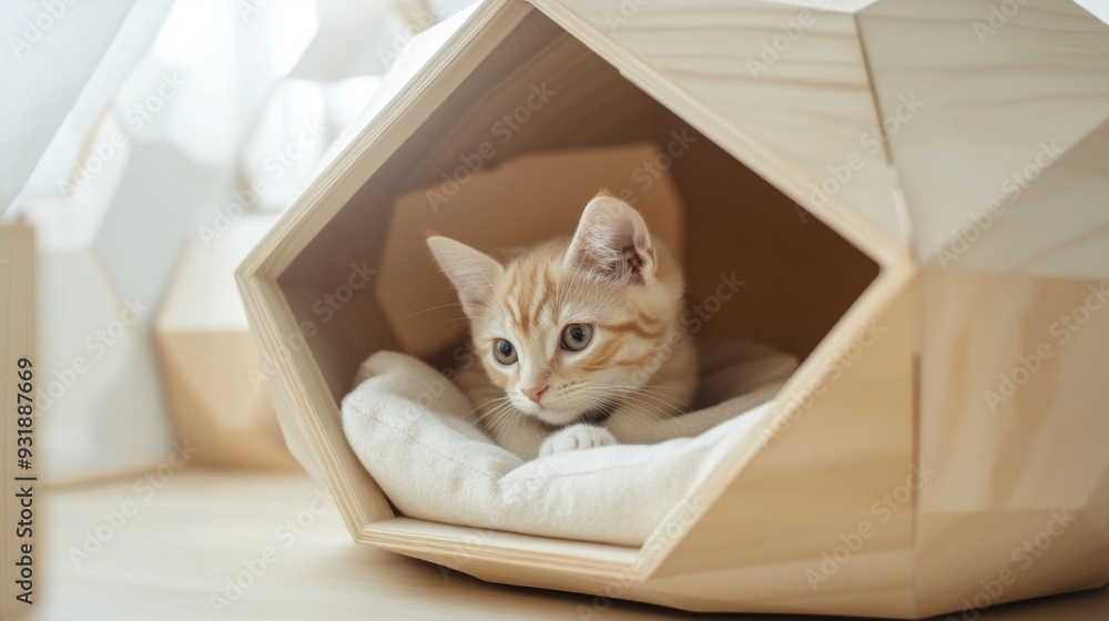 Aufkleber Detailed shot of a cat house with a unique geometric design, featuring a sleek entrance and soft bedding inside, captured up close.