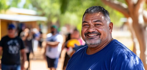 Closeup portrait of a smiling man in a blue shirt captured in a shallow depth of field with a blurred background