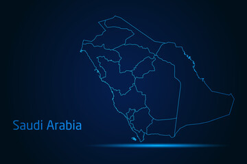 Abstract High Detailed Glow Blue Map on Dark Background of Map of Saudi Arabia symbol for your web site design map logo, app, Travel. Vector illustration eps 10.	
