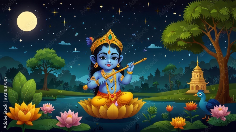 Wall mural illustration of happy janmashtami festival of india, lord krishna playing flute. happy janmashtam ba