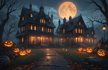 3d halloween render haunted house moon night pumpkin