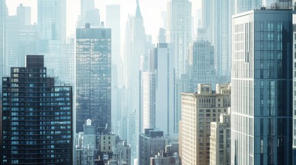 Fototapeta premium Detailed shot of a city skyline featuring multiple tall buildings, with emphasis on the architectural details and the contrast with the surrounding cityscape.