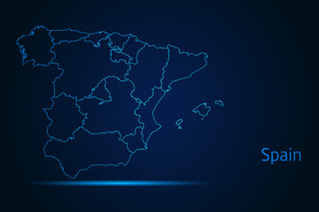 Abstract High Detailed Glow Blue Map on Dark Background of Map of Spain symbol for your web site design map logo, app, Travel. Vector illustration eps 10.	
