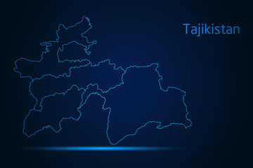 Abstract High Detailed Glow Blue Map on Dark Background of Map of Tajikistan symbol for your web site design map logo, app, Travel. Vector illustration eps 10.	
