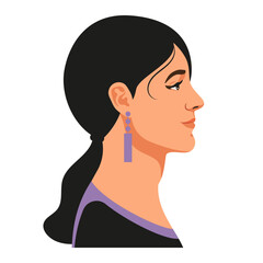 Vector Side Profile of a Woman in Black with Violet Earrings and Black Hair