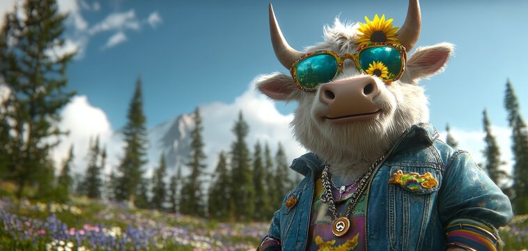 Cowabunga A Cow in Sunglasses Smiles in a Field of Flowers