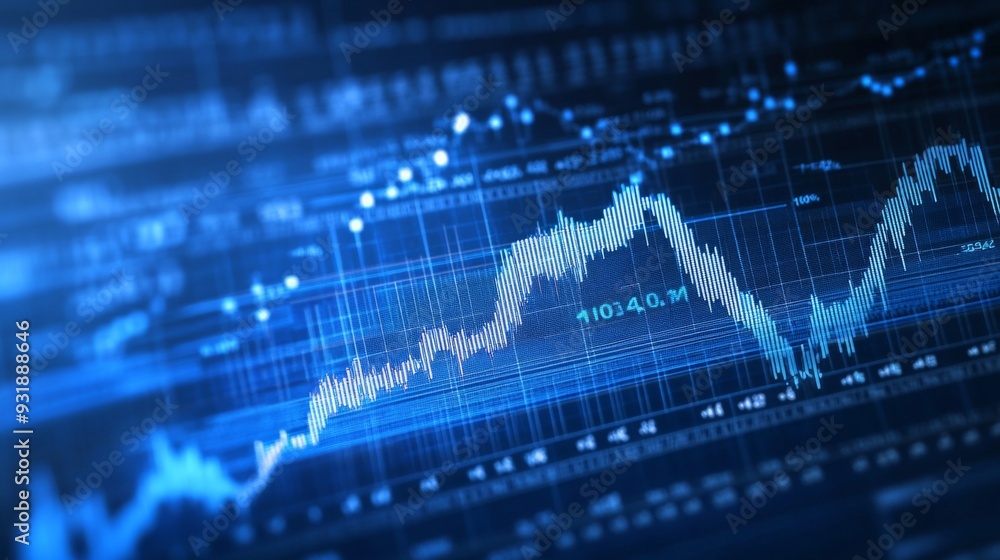 Poster detailed shot of a financial graph with fluctuating stock prices, highlighting various data points a
