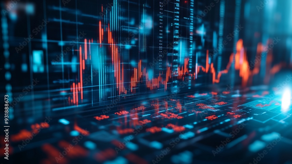 Fototapete detailed shot of a financial graph with fluctuating stock prices, highlighting various data points a