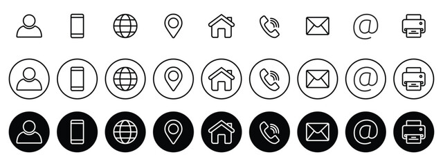 Contact us icon set. Business card,  Containing user, Phone, Website, Location, Address, telephone, mail, fax, symbol sign for apps and website, Communication contact, vector illustration.