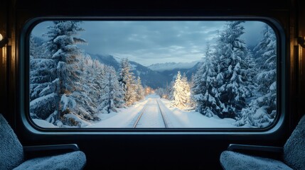 A train window shows a snowy landscape with trees and a train track. The scene is peaceful and...