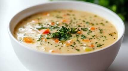 Detailed shot of a hot bowl of creamy soup, with visible chunks of vegetables and garnished with a sprinkle of fresh herbs, set on a pristine white surface.