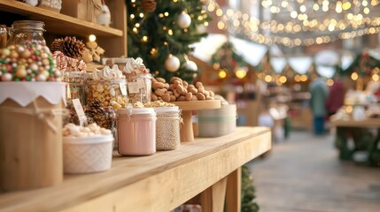 A wooden table with many jars of food on it. The jars are filled with different types of food, including nuts and candy. The table is set up in a market, and there are people walking around