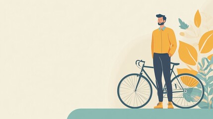 Fototapeta premium A man in a casual outfit standing next to a bicycle, promoting sustainable products against a light backdrop