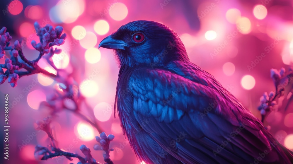 Poster detailed shot of a majestic bird with bright feathers, sitting gracefully against a backdrop of glow