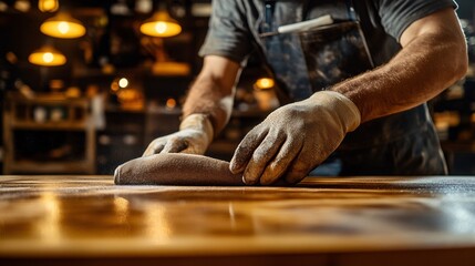A skilled hand polishing worker meticulously polishing a wooden surface with a cloth, showcasing attention to detail