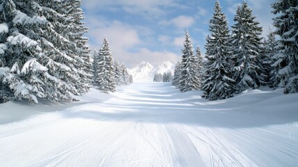 A snow covered mountain range with a path through the trees. The sky is clear and the sun is shining