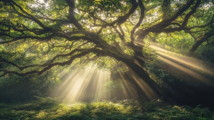 Sunlight Rays Filtering Through Lush Forest Canopy