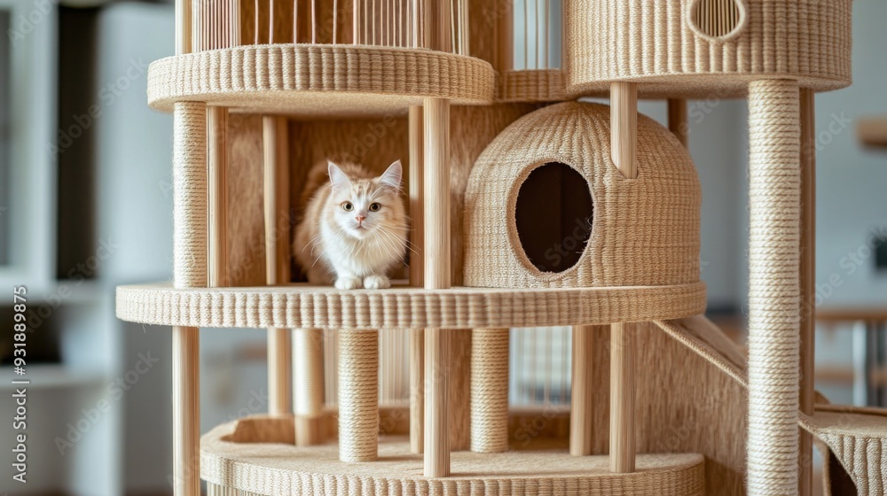 Poster Detailed shot of a multi-level cat house with scratching posts and cozy nooks, captured up close to showcase its functionality and design.
