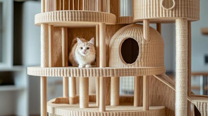 Detailed shot of a multi-level cat house with scratching posts and cozy nooks, captured up close to showcase its functionality and design.