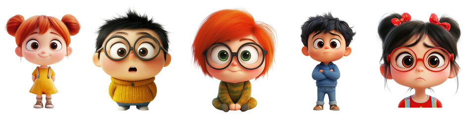 Funny cute kids, set, collection of boys and girls , cartoon style, Transparent background, png.