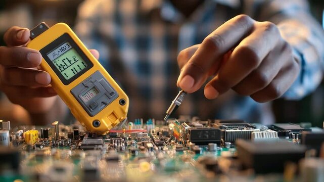 Electrical engineer testing circuits with a multimeter, focusing on precision and safety in electrical engineering.