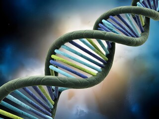 Digital Illustration of a Vibrant DNA Double Helix with Nebula-Like Background