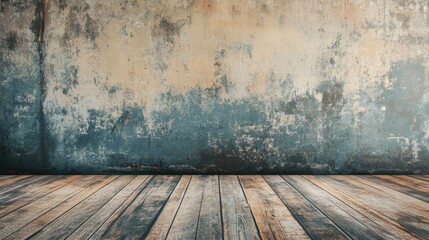 Weathered wooden floor paired with a grungy, distressed wall, offering a gritty, vintage aesthetic for creative use.