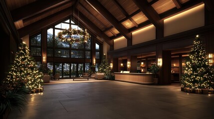 Fototapeta premium A large room with a Christmas tree in the center. The room is empty and has a very dark atmosphere