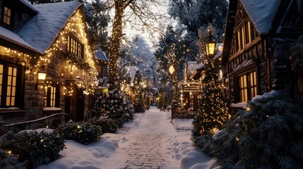 A snowy street with houses lit up with Christmas lights. Scene is festive and cozy