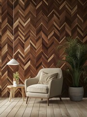 Modern Living Room with Wooden Herringbone Wall, Beige Armchair, and Contemporary Decor Elements