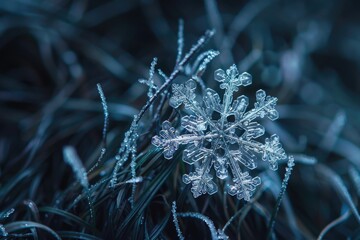 Close Up of Detailed Snowflake on Blue Frosty Background