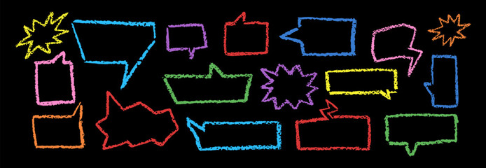 Speech bubbles crayon set. Collection of hand drawn chalk lightning, flash, stars signs. Child colorful dialog boxes. Vector pastel handwriting comic text clouds in doodle stile. Grunge texture.