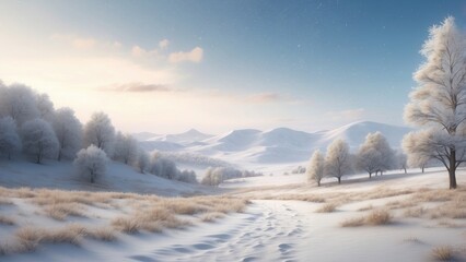 Soft snowy landscape with light snowflakes, serene and peaceful