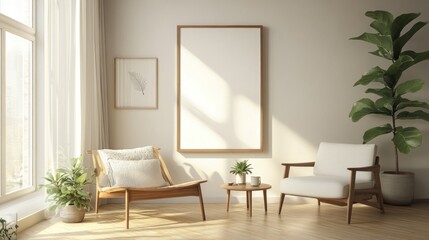 Minimalist Living Room with Wooden Furniture and Plants