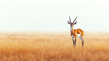 Fototapeta premium Wildlife photograph of an antelope in an open field, with a clean background and plenty of space for copy.