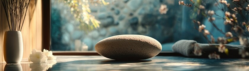 A Smooth Grey Stone Rests on a Tabletop with Blurred Background