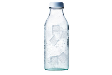 Naklejka premium frosted glass water bottle with a condensation pattern and a single ice cube, isolated on white background
