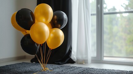 My Real Holiday  Birthday decoration indoors with yellow and black balloons gray carpet black cloth and white wall background : Generative AI