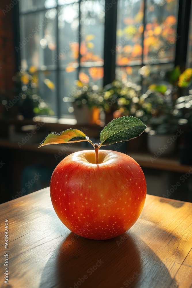 Poster a single red apple on a wooden table with a blurred background of a window with autumn leaves.