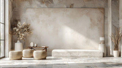 Minimalist interior design with a large blank canvas, natural light streaming in, and a cozy seating arrangement.