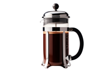 French press coffee maker with a classic design and rich, flavorful coffee, isolated on a white background