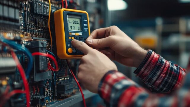 Electrical engineer testing circuits with a multimeter, focusing on precision and safety in electrical engineering.