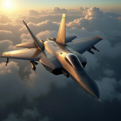 Fighter Jet Soaring Above the Clouds at Sunrise