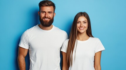 Happy young couple in white t-shirts smiling at the camera against blue background.