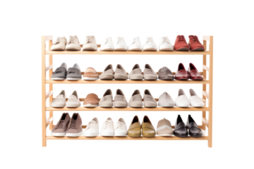 freestanding shoe rack with a space-saving design, maximizing storage capacity while minimizing floor space. ,Isolated on white background