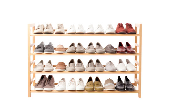 freestanding shoe rack with a space-saving design, maximizing storage capacity while minimizing floor space. ,Isolated on white background