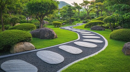Winding Stone Path Through Lush Green Garden