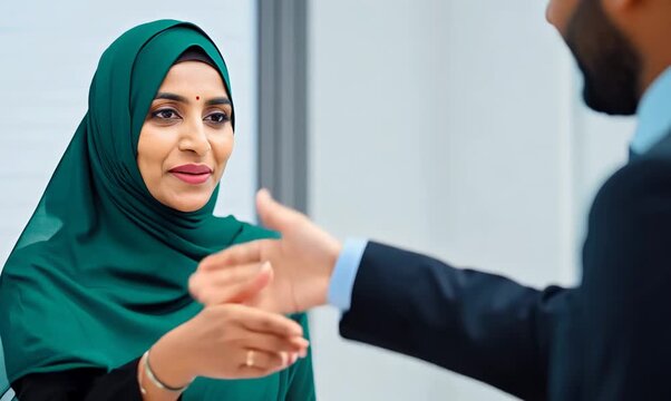 Pakistani Woman Handshaking in Modern Meeting Room