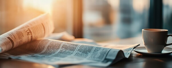 Close-up of a newspaper and a cup of coffee on a wooden table, bathed in warm morning sunlight, evoking a peaceful start to the day.