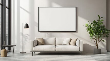 Minimalist Living Room Interior with White Sofa, Large Framed Canvas and Potted Plant